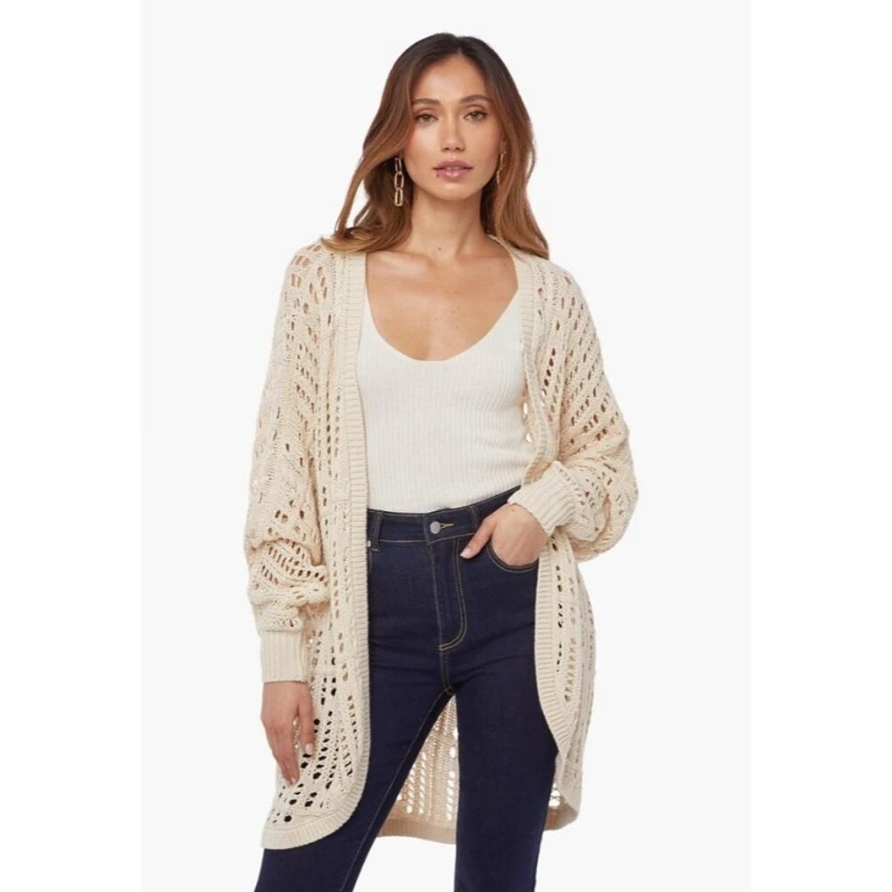 JustFab Cardigan Size Medium Open Front Long Sleeve Duster Ivory Cozy Knitwear